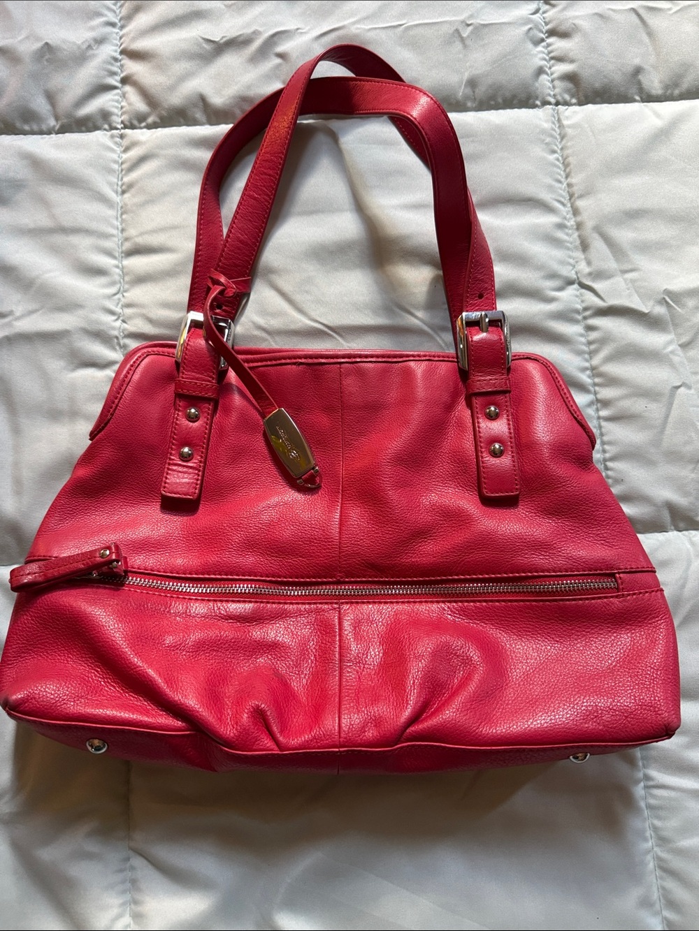 b. makowsky Red Pebbled Leather Shoulder Bag with Front Zip